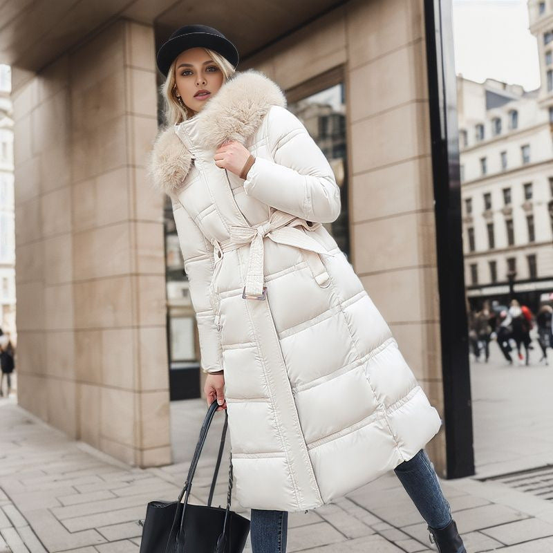 Long Belted Quilted Puffer Coat with Removable Hood and Fur Trim