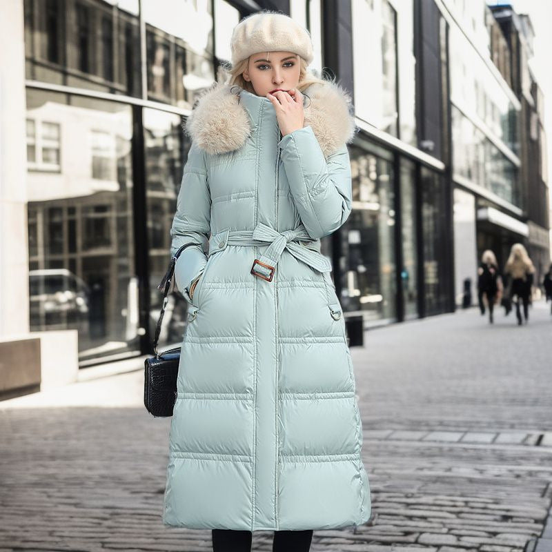 Long Belted Quilted Puffer Coat with Removable Hood and Fur Trim