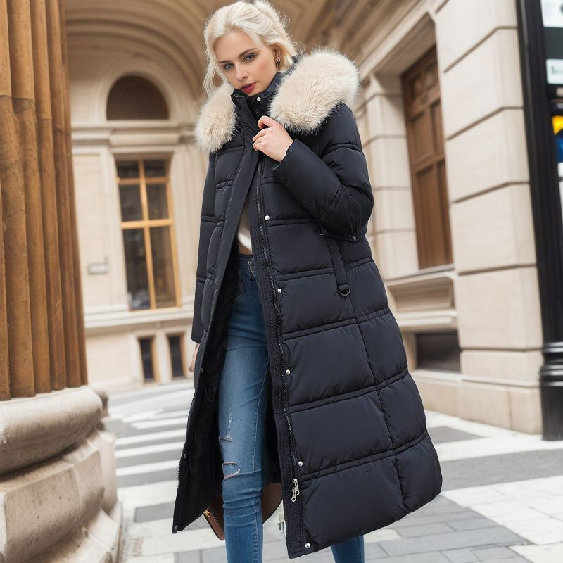 Long Belted Quilted Puffer Coat with Removable Hood and Fur Trim