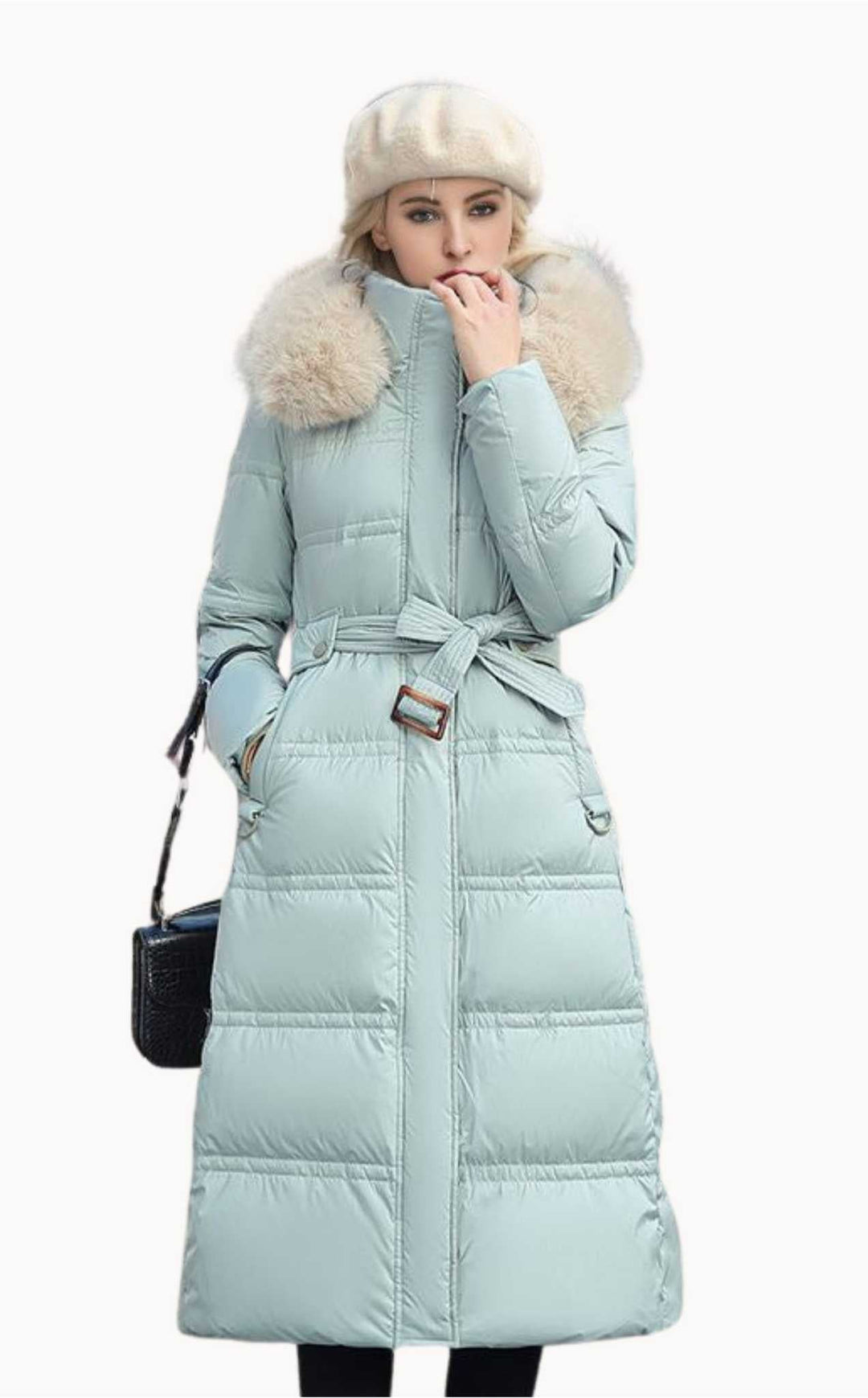 Long Belted Quilted Puffer Coat with Removable Hood and Fur Trim - Marl & Mere