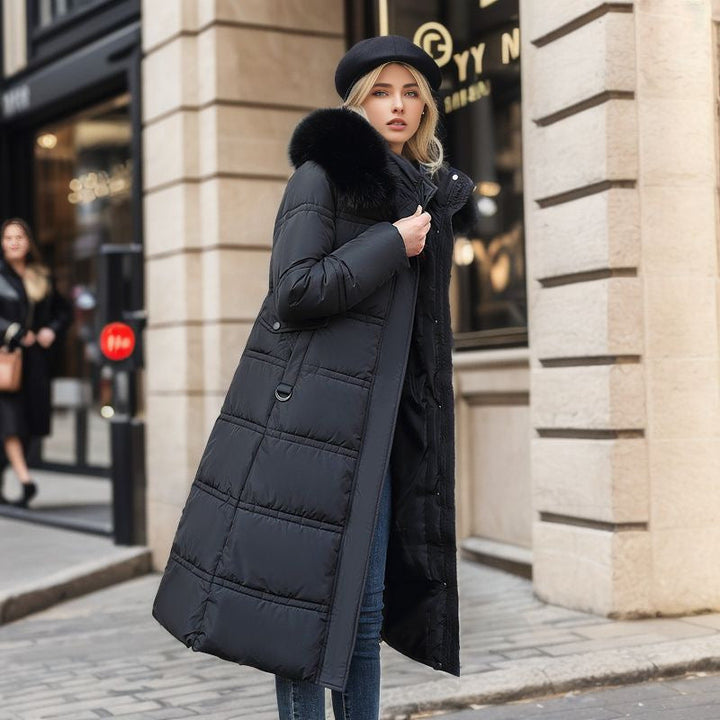 Long Belted Quilted Puffer Coat with Removable Hood and Fur Trim - Marl &amp; Mere