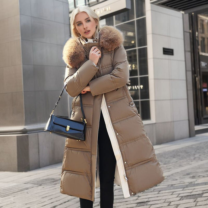 Long Belted Quilted Puffer Coat with Removable Hood and Fur Trim - Marl &amp; Mere