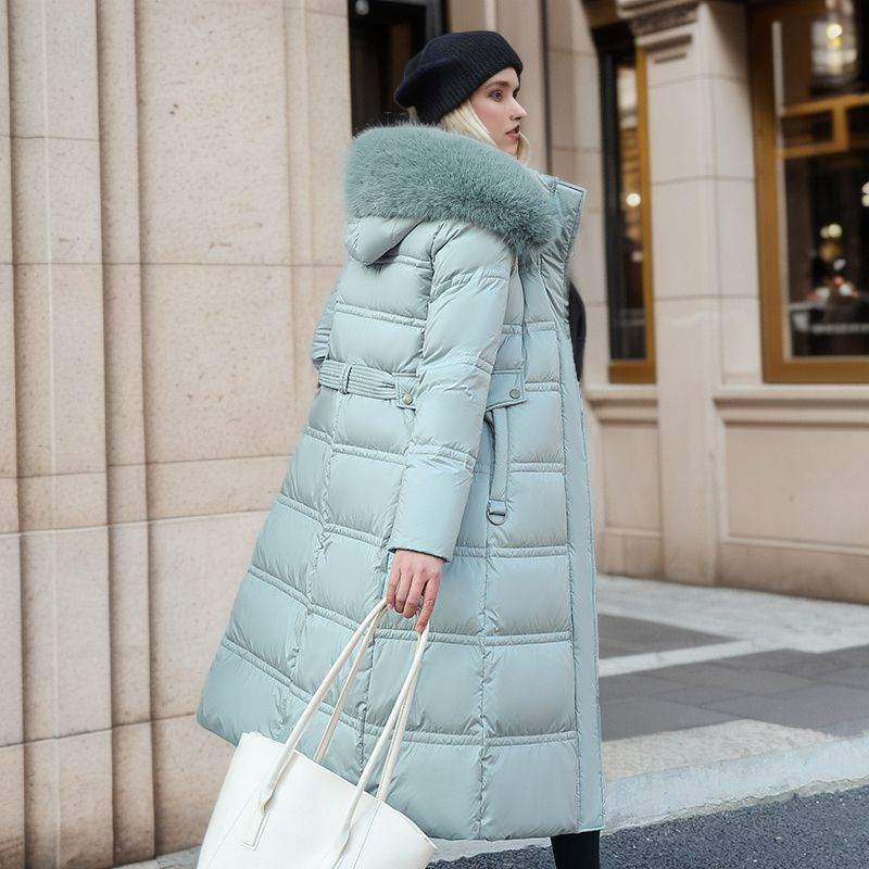 Long Belted Quilted Puffer Coat with Removable Hood and Fur Trim - Marl &amp; Mere