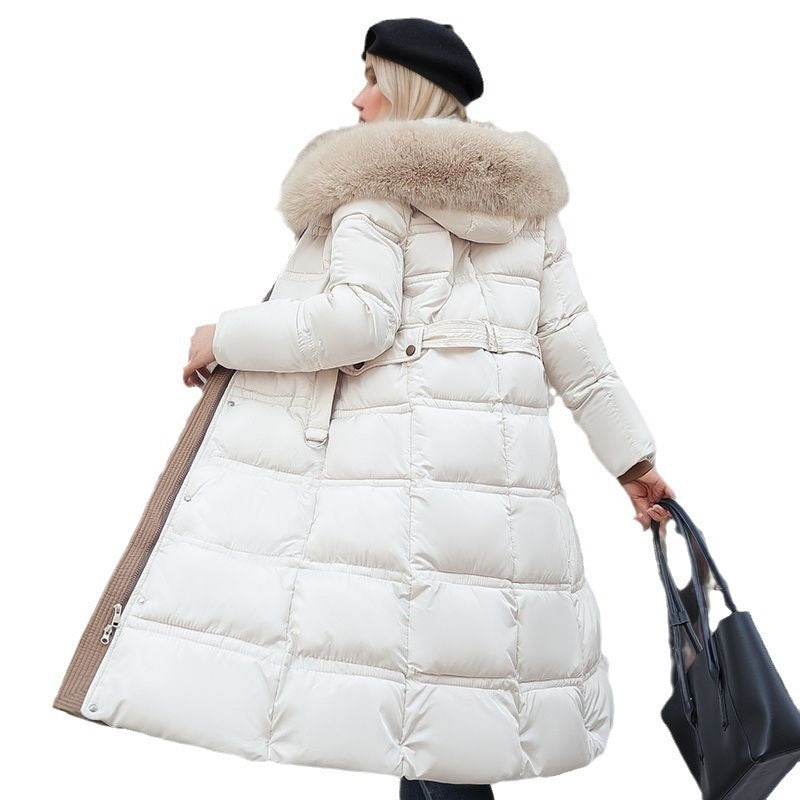 Long Belted Quilted Puffer Coat with Removable Hood and Fur Trim - Marl &amp; Mere