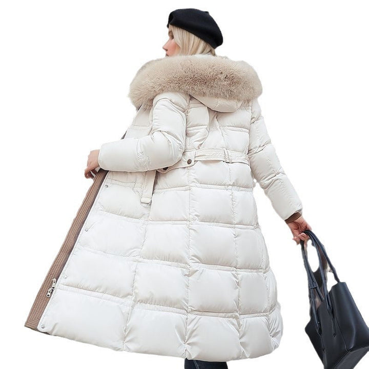 Long Belted Quilted Puffer Coat with Removable Hood and Fur Trim - Marl &amp; Mere