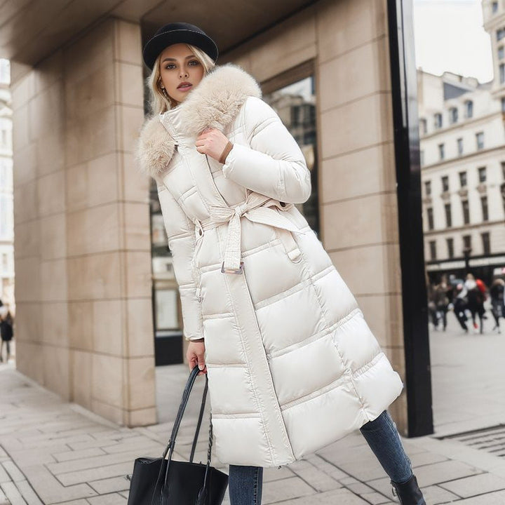 Long Belted Quilted Puffer Coat with Removable Hood and Fur Trim - Marl &amp; Mere