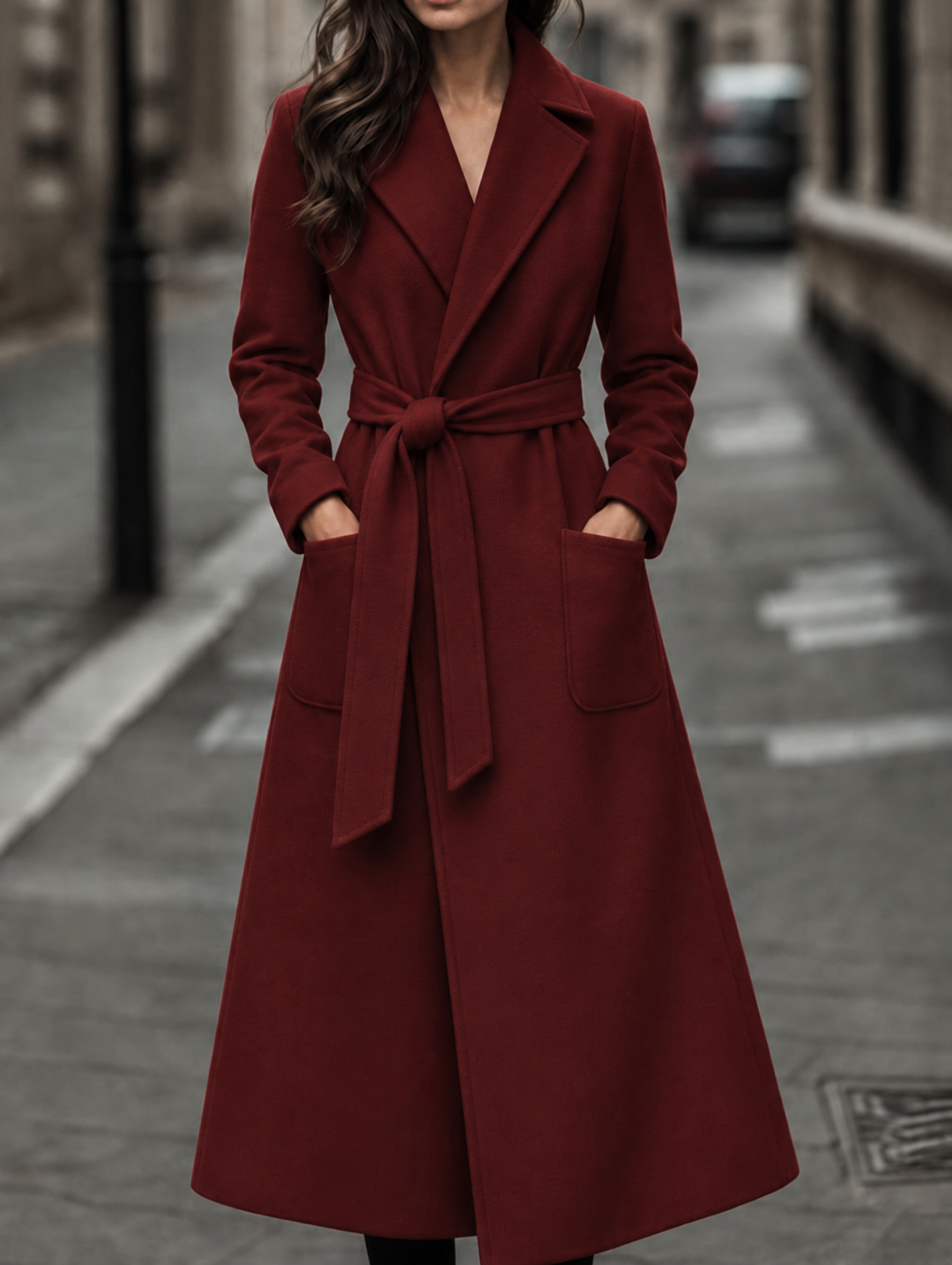 Long Belted Wool-Look Maxi Coat with Wide Collar and Patch Pockets