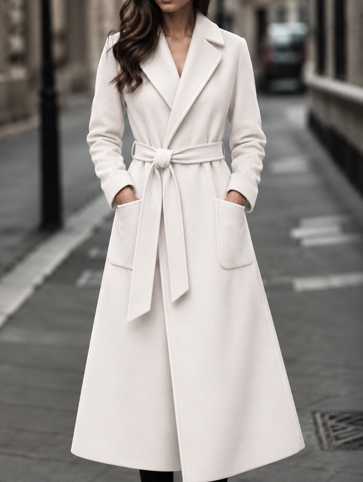 Long Belted Wool-Look Maxi Coat with Wide Collar and Patch Pockets