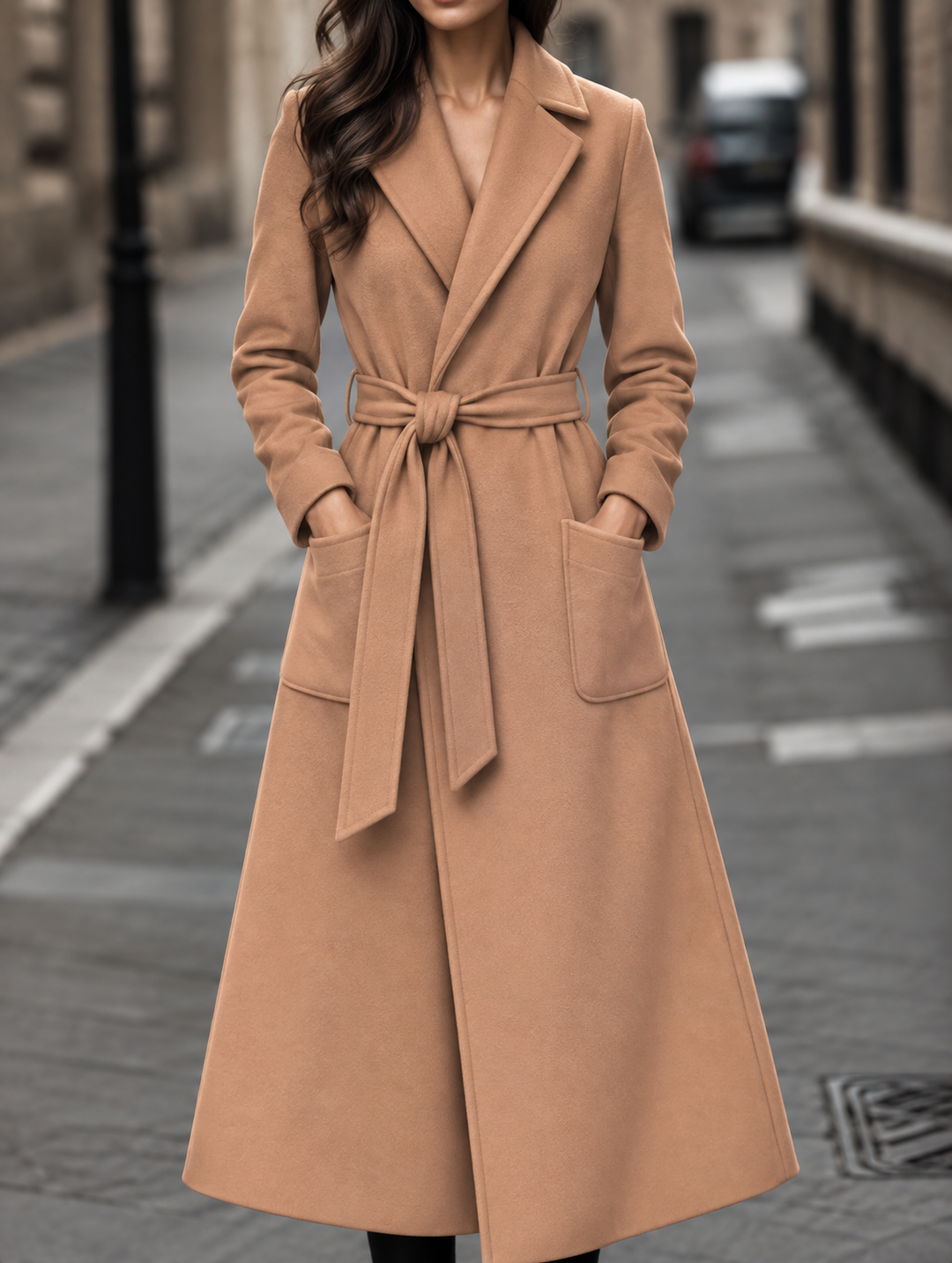 Long Belted Wool-Look Maxi Coat with Wide Collar and Patch Pockets