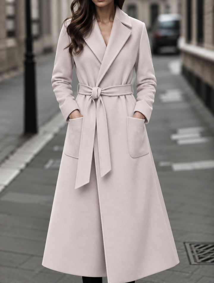 Long Belted Wool-Look Maxi Coat with Wide Collar and Patch Pockets