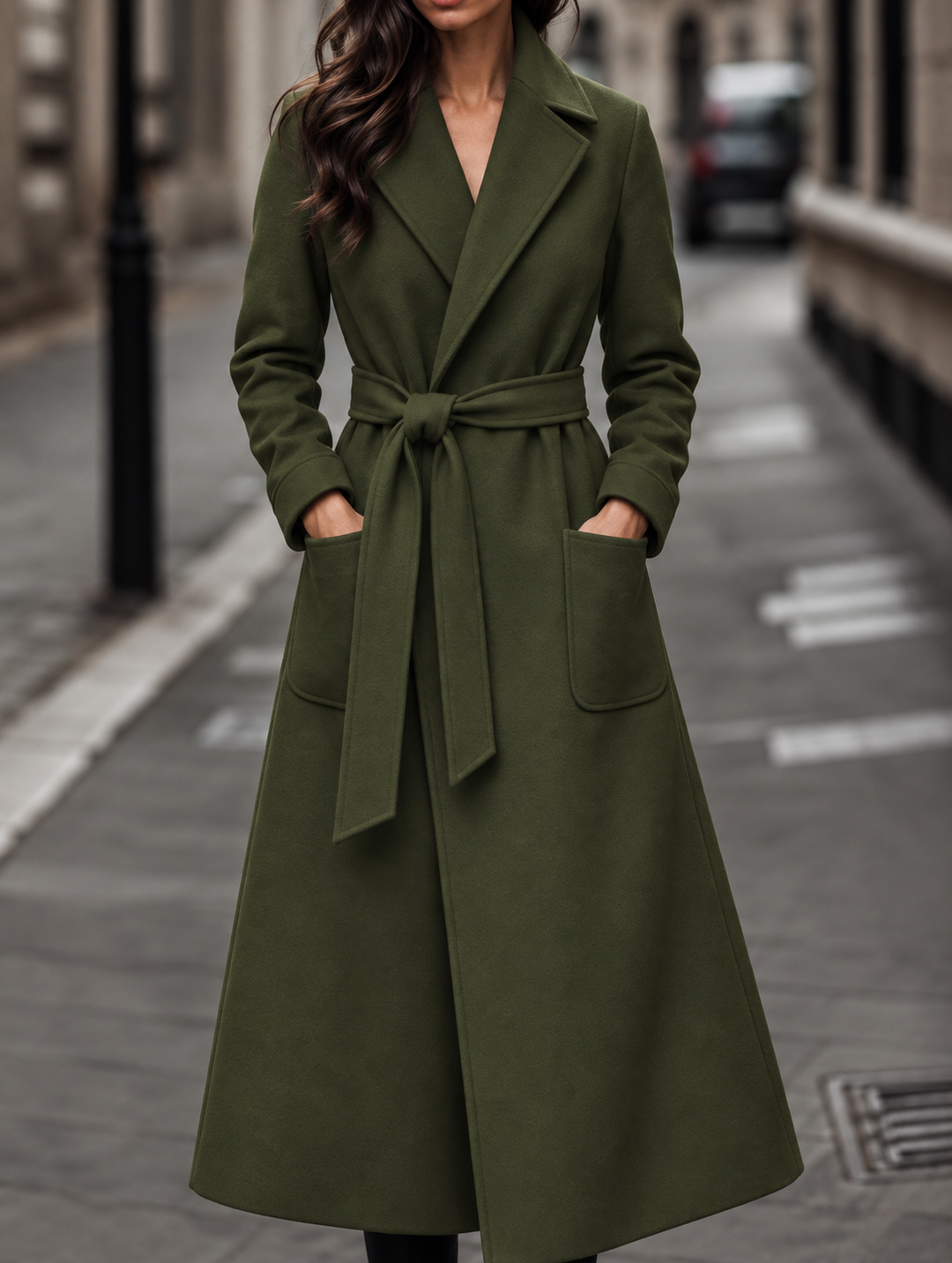 Long Belted Wool-Look Maxi Coat with Wide Collar and Patch Pockets