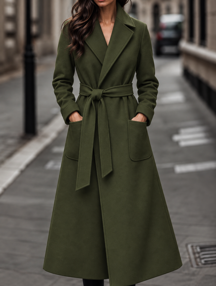 Long Belted Wool-Look Maxi Coat with Wide Collar and Patch Pockets