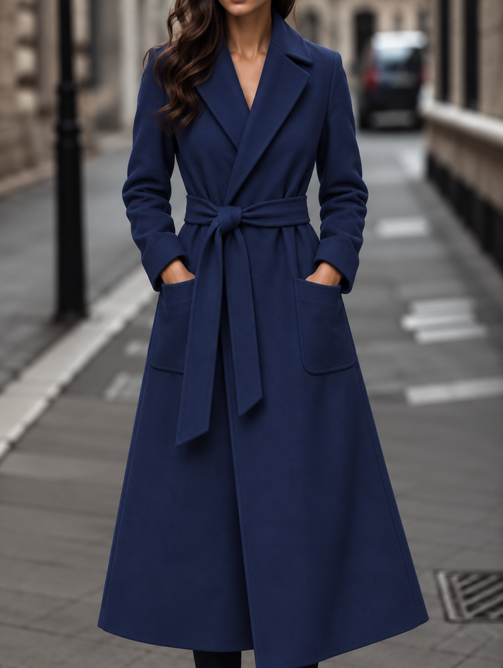 Long Belted Wool-Look Maxi Coat with Wide Collar and Patch Pockets