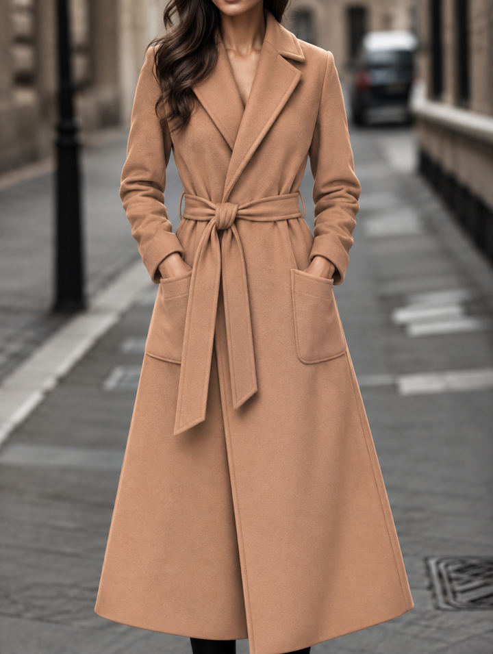 Long Belted Wool-Look Maxi Coat with Wide Collar and Patch Pockets - Marl &amp; Mere