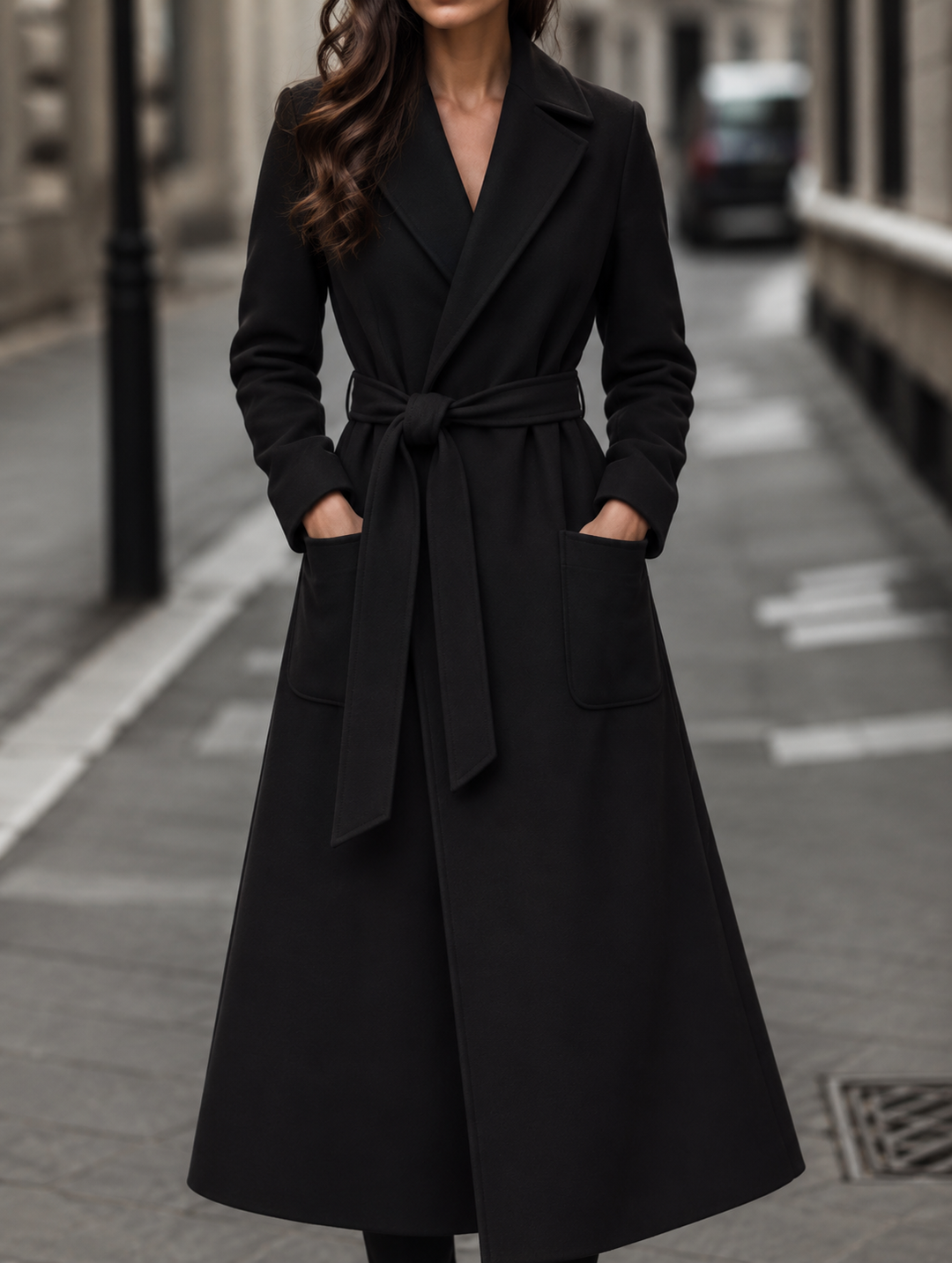Long Belted Wool-Look Maxi Coat with Wide Collar and Patch Pockets - Marl &amp; Mere