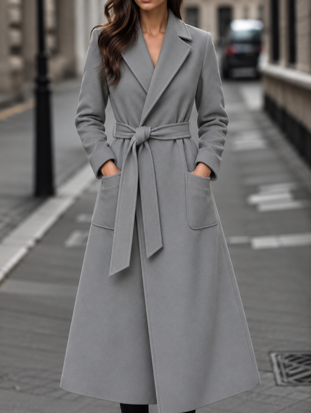 Long Belted Wool-Look Maxi Coat with Wide Collar and Patch Pockets - Marl &amp; Mere