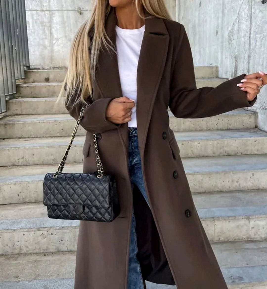 Long Double Breasted Wool-Look Coat with Wide Classic Collar