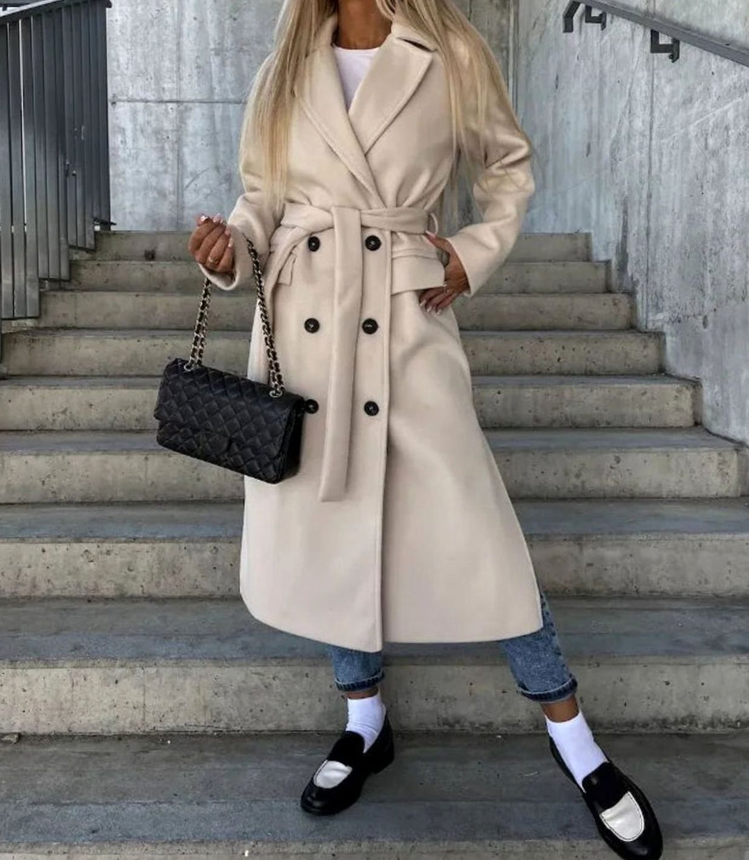 Long Double Breasted Wool-Look Coat with Wide Classic Collar