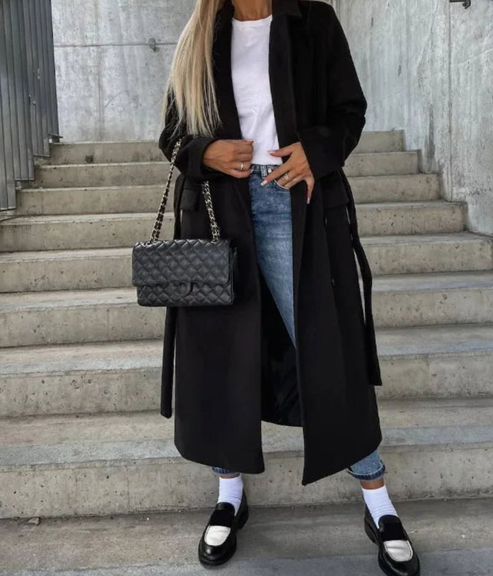 Long Double Breasted Wool-Look Coat with Wide Classic Collar