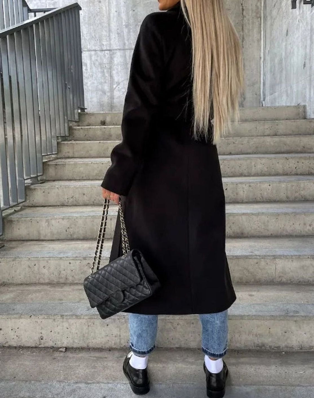 Long Double Breasted Wool-Look Coat with Wide Classic Collar