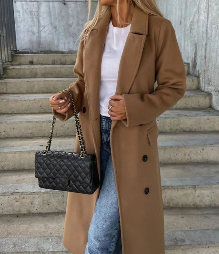 Long Double Breasted Wool-Look Coat with Wide Classic Collar