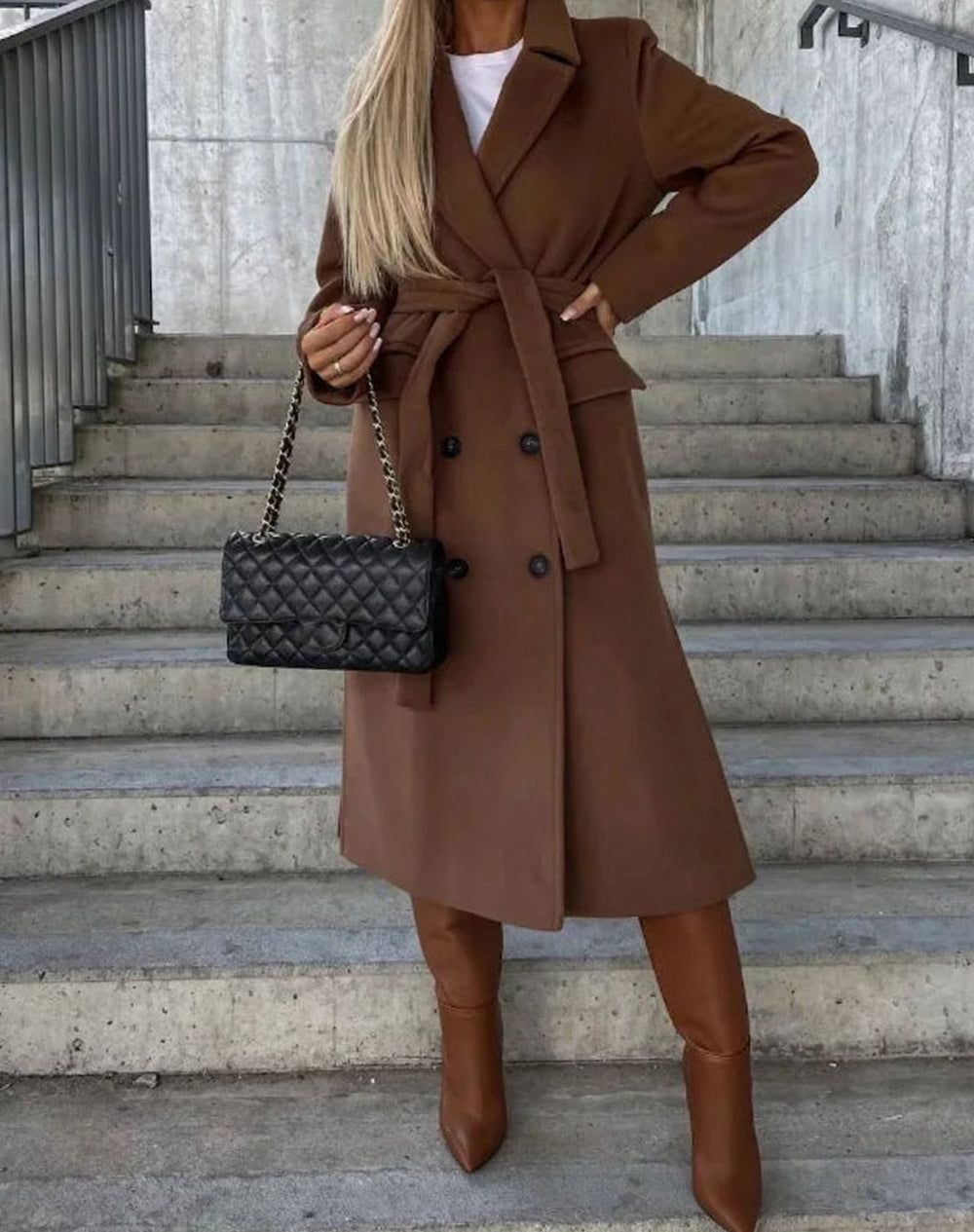Long Double Breasted Wool-Look Coat with Wide Classic Collar - Marl & Mere