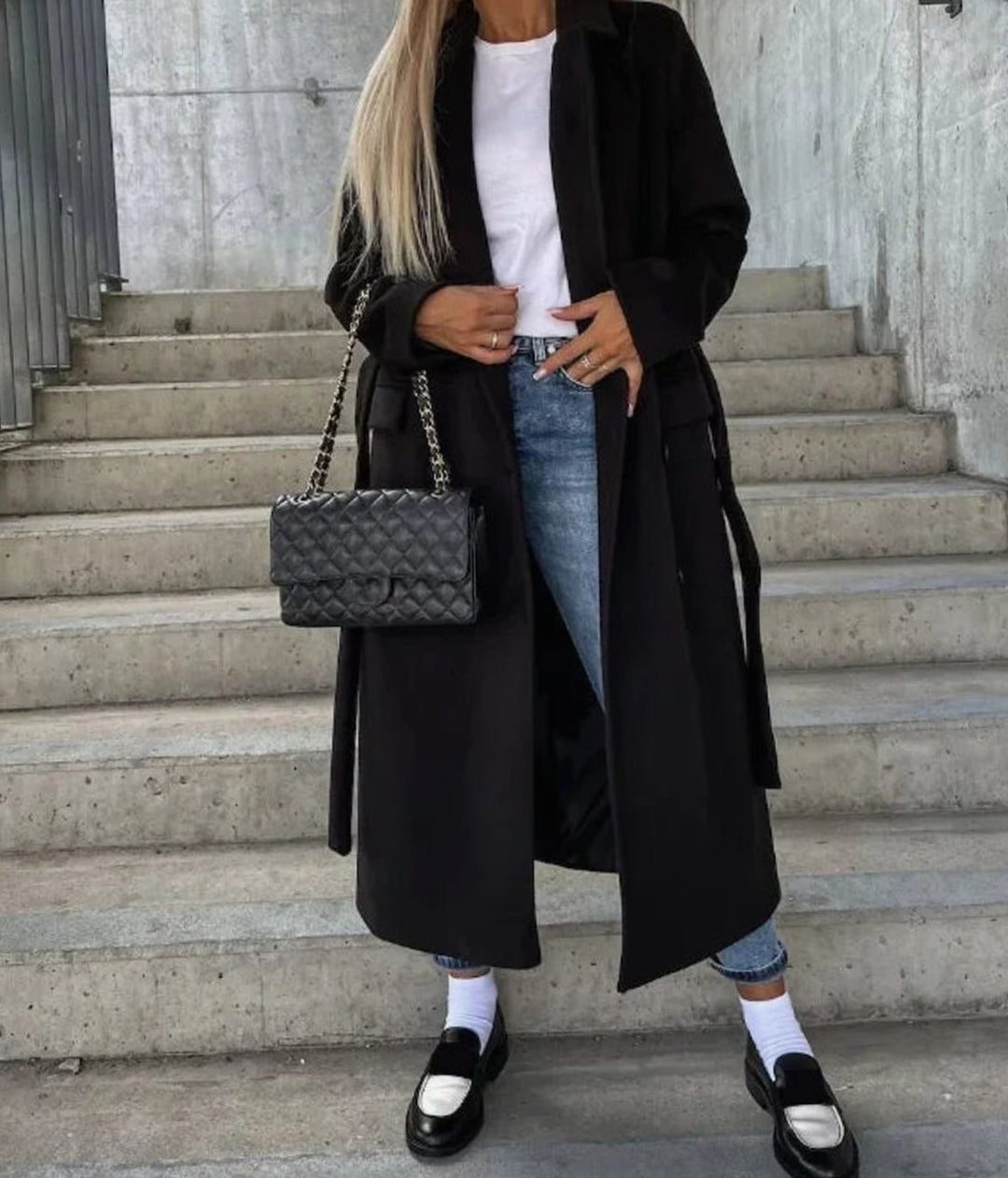 Long Double Breasted Wool-Look Coat with Wide Classic Collar - Marl &amp; Mere