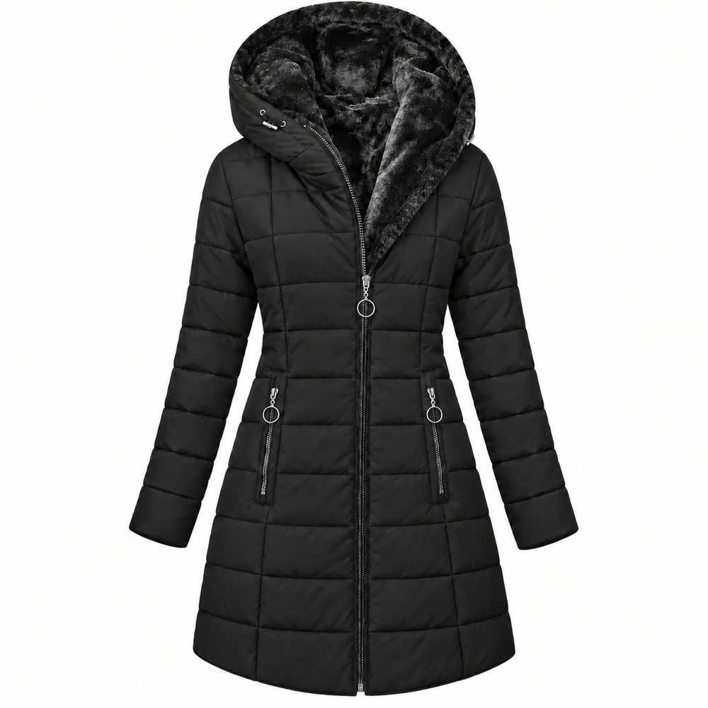 Long Fur-Lined Quilted Down Jacket with Hood and Zip Front