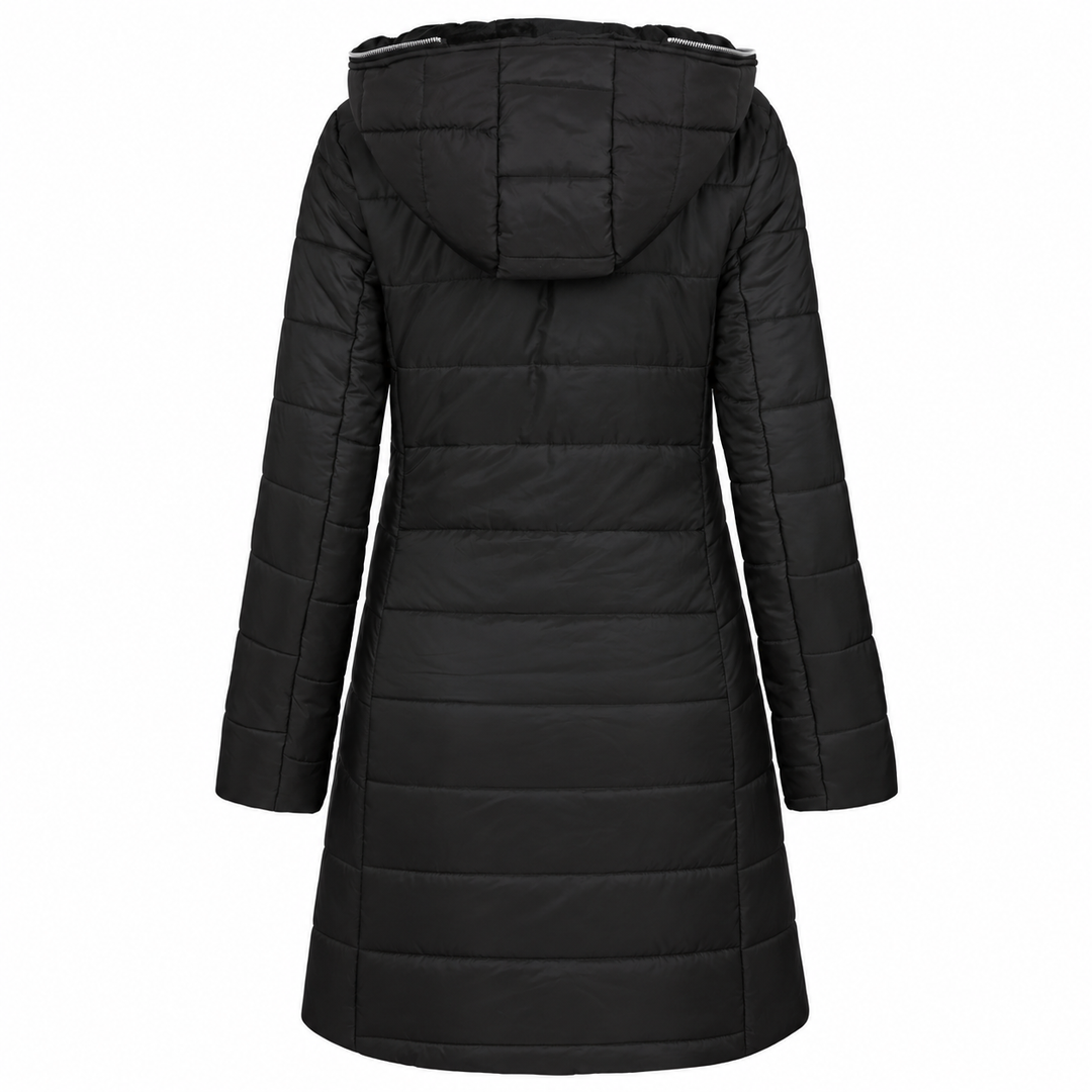Long Fur-Lined Quilted Down Jacket with Hood and Zip Front