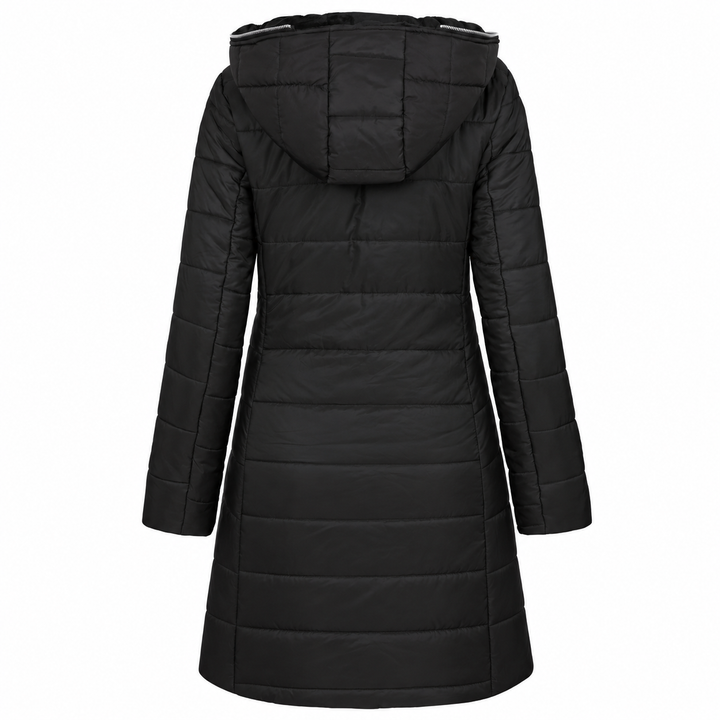 Long Fur-Lined Quilted Down Jacket with Hood and Zip Front