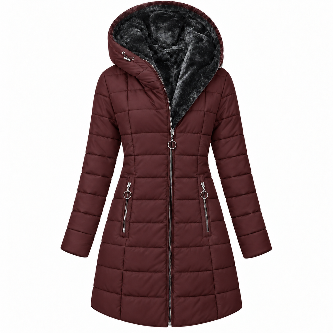 Long Fur-Lined Quilted Down Jacket with Hood and Zip Front
