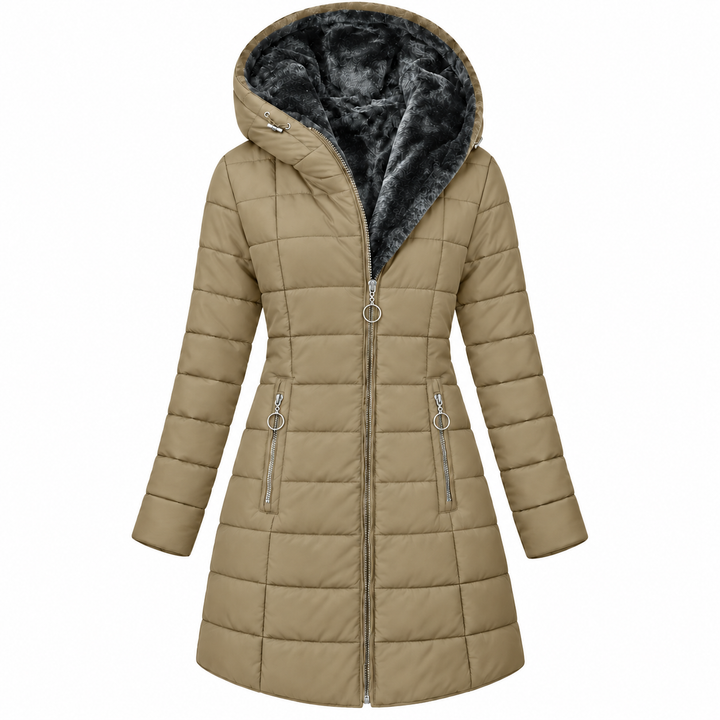 Long Fur-Lined Quilted Down Jacket with Hood and Zip Front