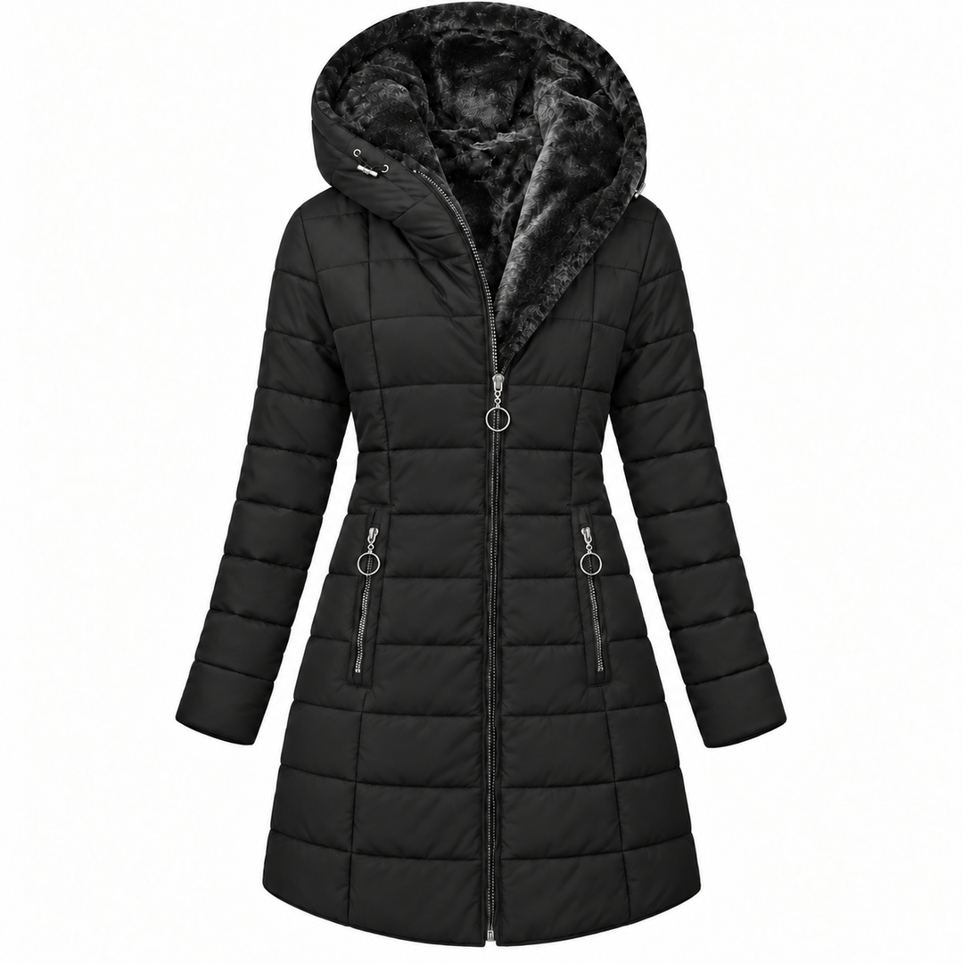 Long Fur-Lined Quilted Down Jacket with Hood and Zip Front - Marl & Mere