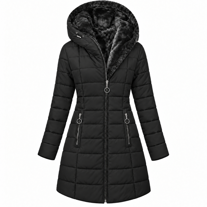 Long Fur-Lined Quilted Down Jacket with Hood and Zip Front - Marl &amp; Mere