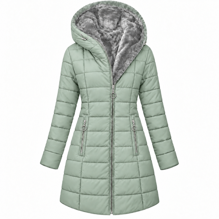 Long Fur-Lined Quilted Down Jacket with Hood and Zip Front - Marl &amp; Mere