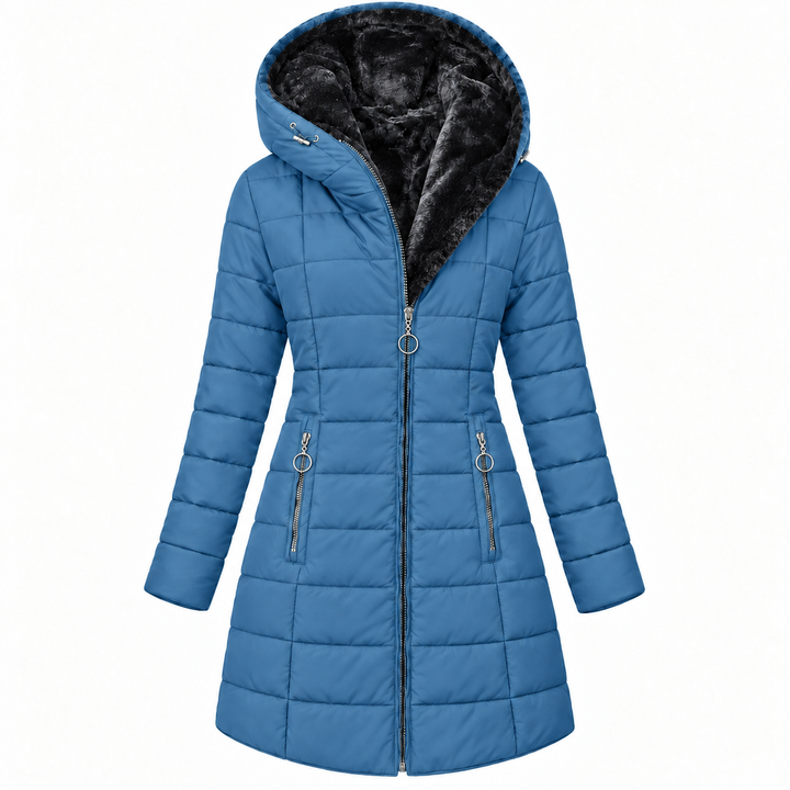 Long Fur-Lined Quilted Down Jacket with Hood and Zip Front - Marl &amp; Mere