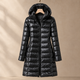 Long Hooded Down Jacket with Glossy Quilted Channels
