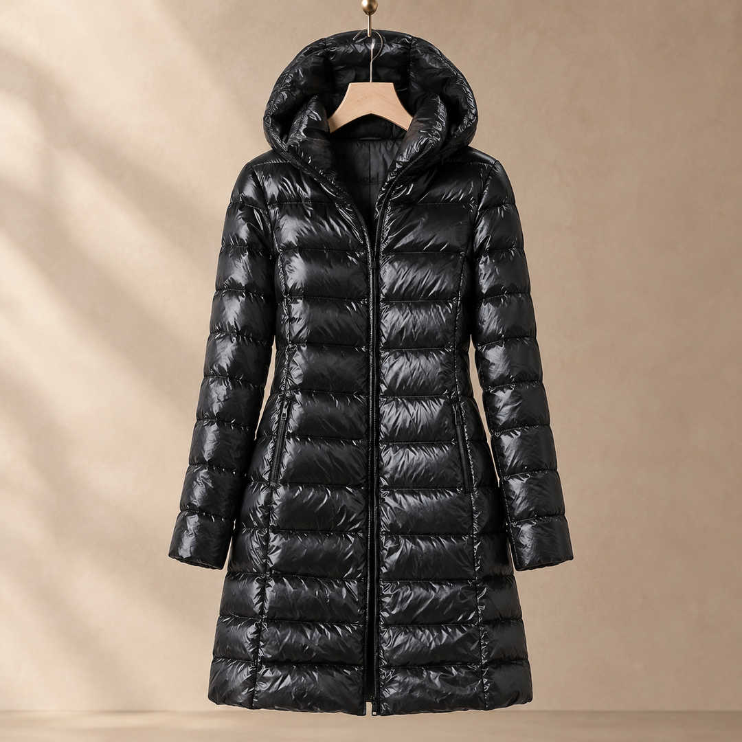Long Hooded Down Jacket with Glossy Quilted Channels