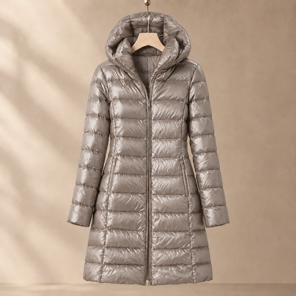 Long Hooded Down Jacket with Glossy Quilted Channels