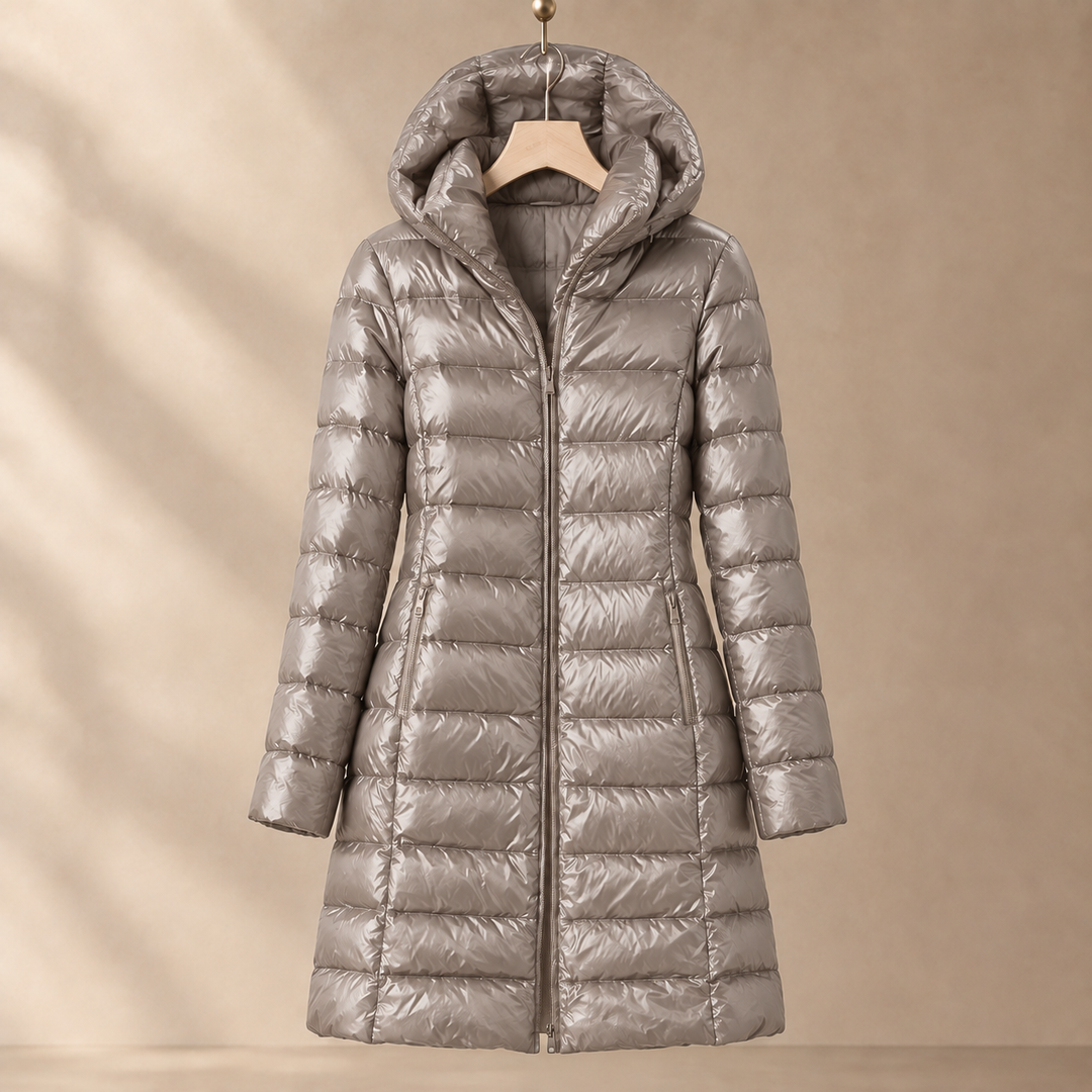 Long Hooded Down Jacket with Glossy Quilted Channels
