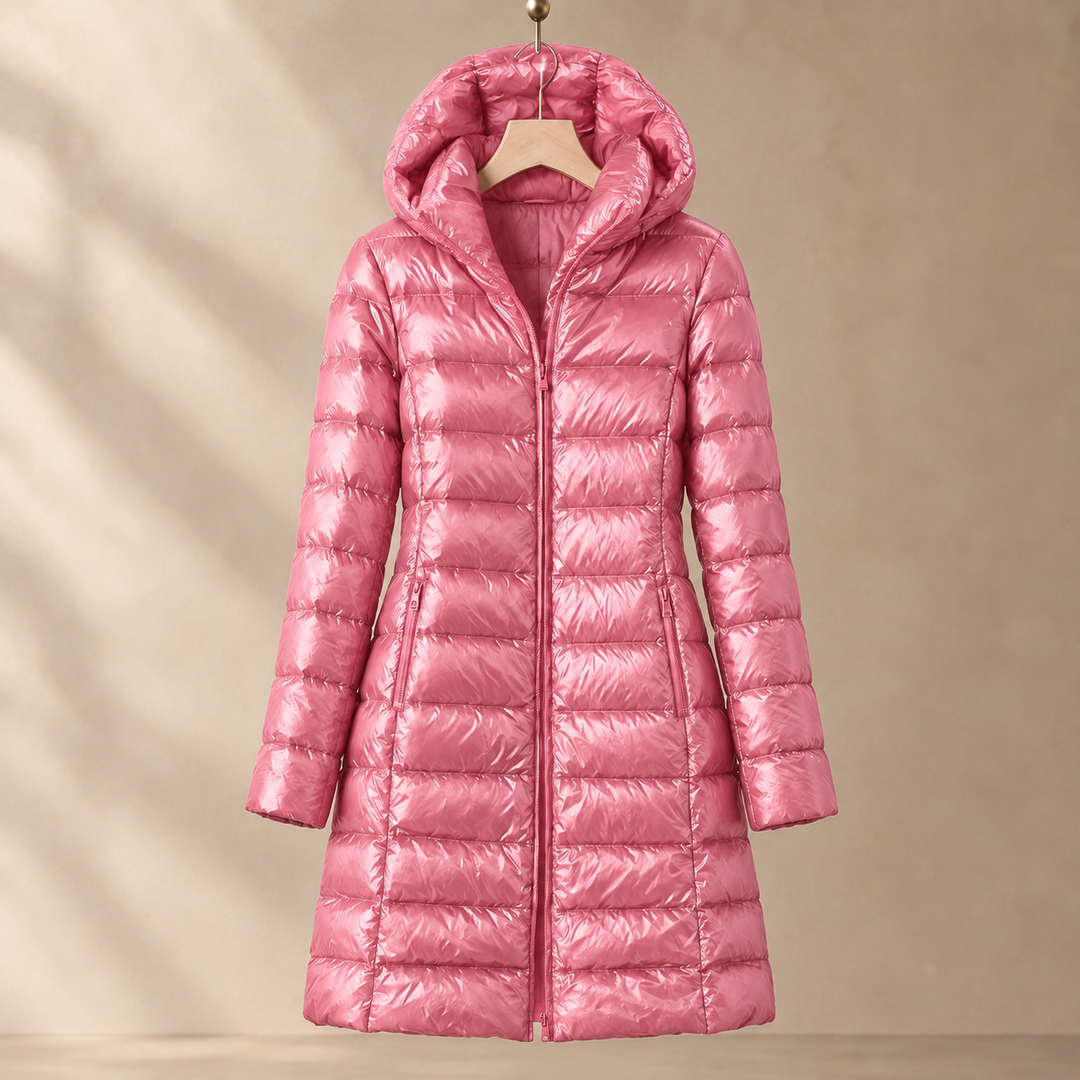Long Hooded Down Jacket with Glossy Quilted Channels