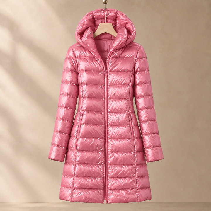 Long Hooded Down Jacket with Glossy Quilted Channels
