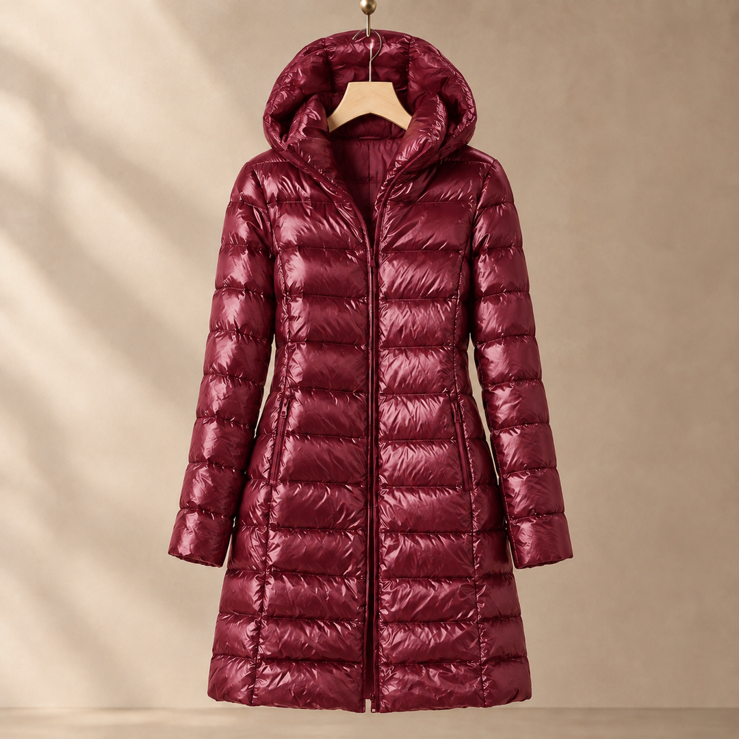 Long Hooded Down Jacket with Glossy Quilted Channels