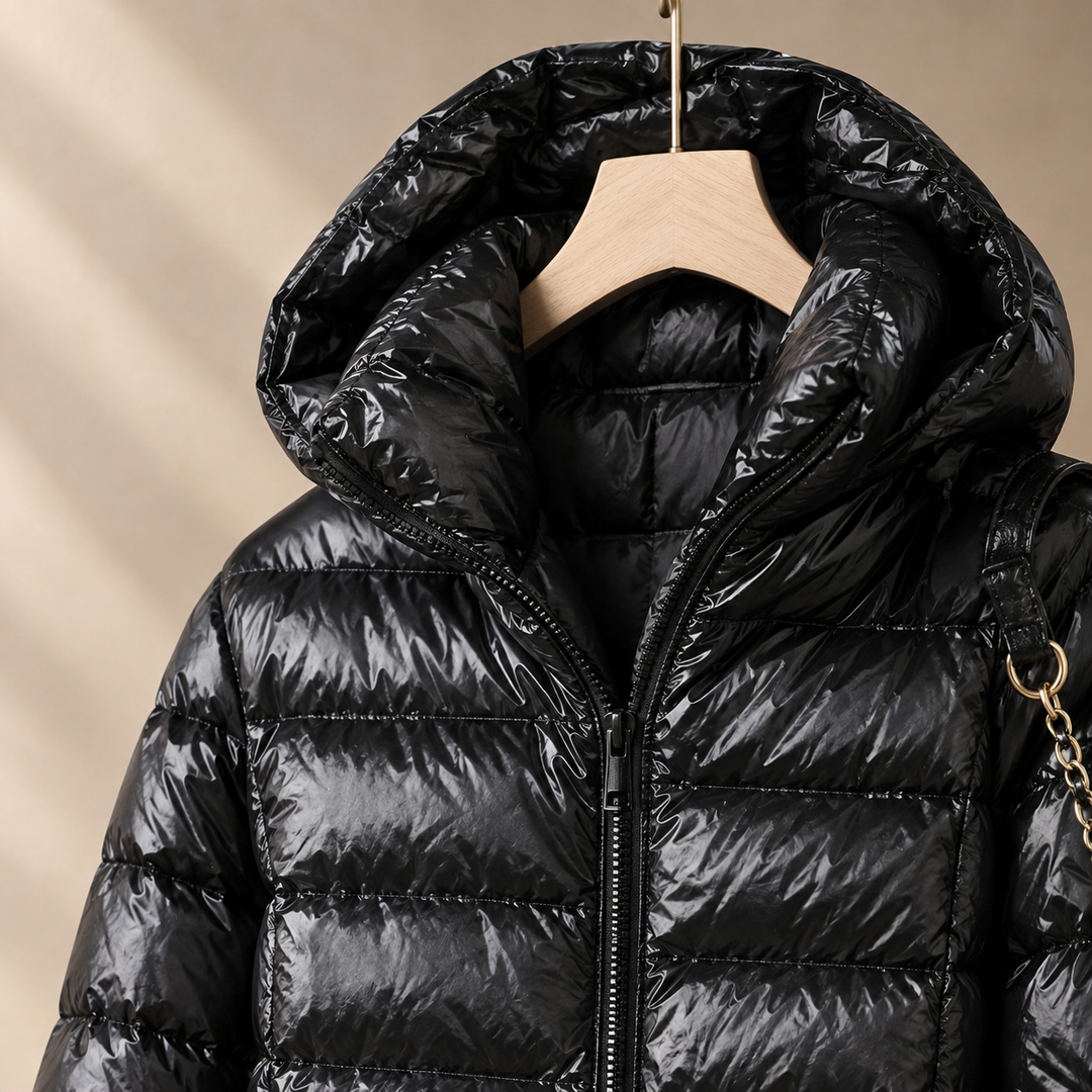Long Hooded Down Jacket with Glossy Quilted Channels