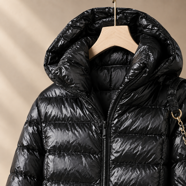 Long Hooded Down Jacket with Glossy Quilted Channels