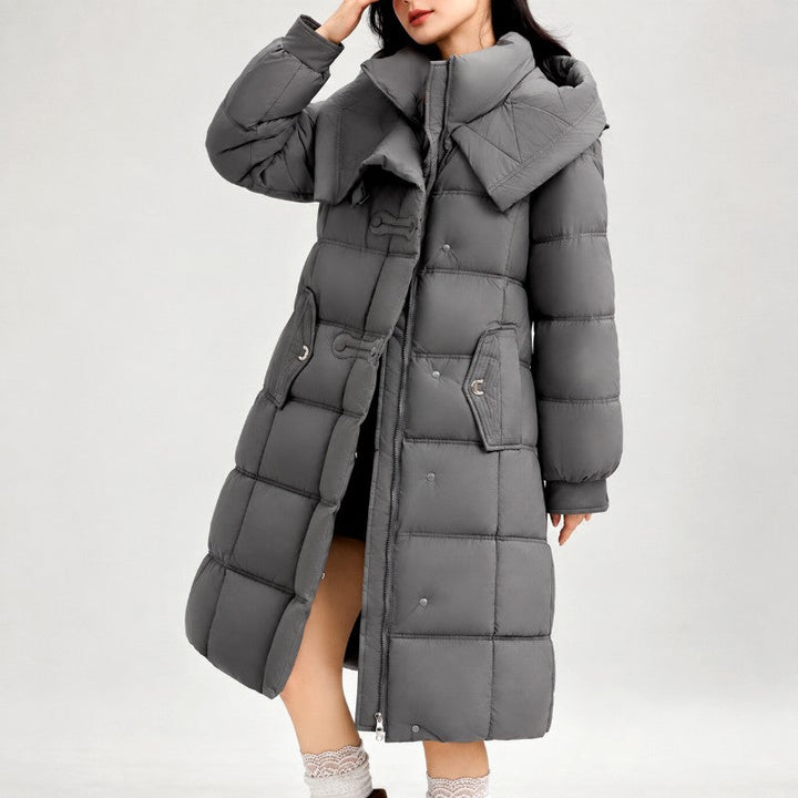 Long Padded Hooded Jacket with Wide Quilting and High Collar