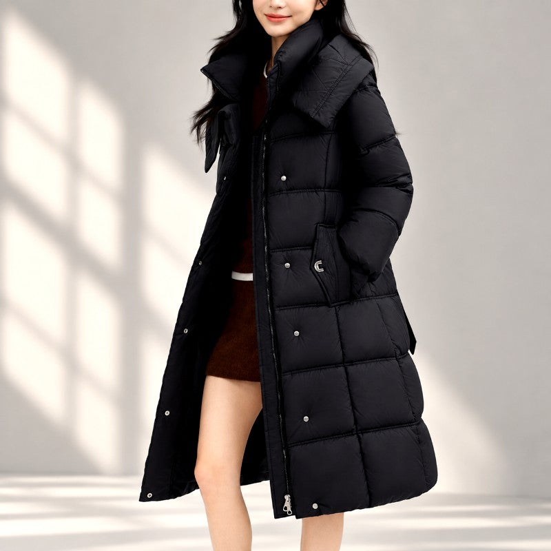Long Padded Hooded Jacket with Wide Quilting and High Collar
