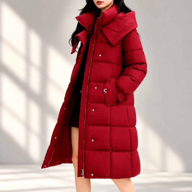 Long Padded Hooded Jacket with Wide Quilting and High Collar