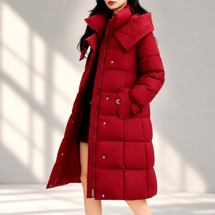 Long Padded Hooded Jacket with Wide Quilting and High Collar