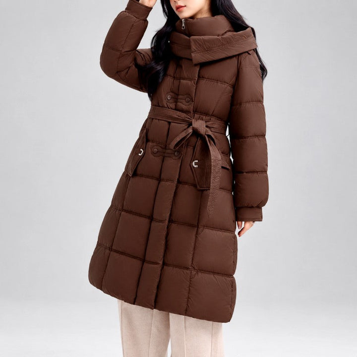 Long Padded Hooded Jacket with Wide Quilting and High Collar